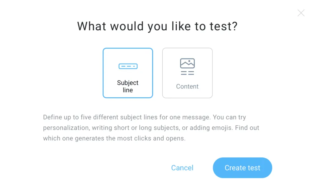 Options to A/B test results by using different variations of Subject line and content with GetResponse